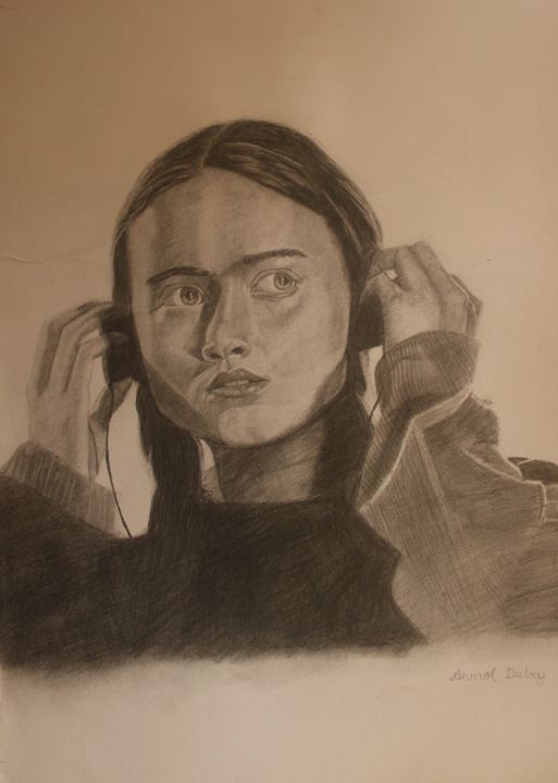 Graphite portrait of a person adjusting headphones