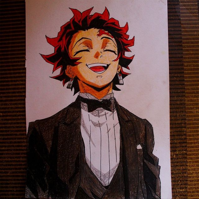 Colour pencil and ink sketch of an anime character in a tuxedo.